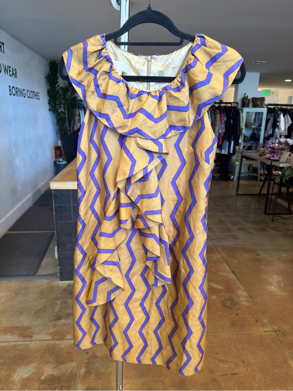 Vintage Britt Ryan 100% Silk Ruffle Cocktail Dress Gold & Purple ZigZag